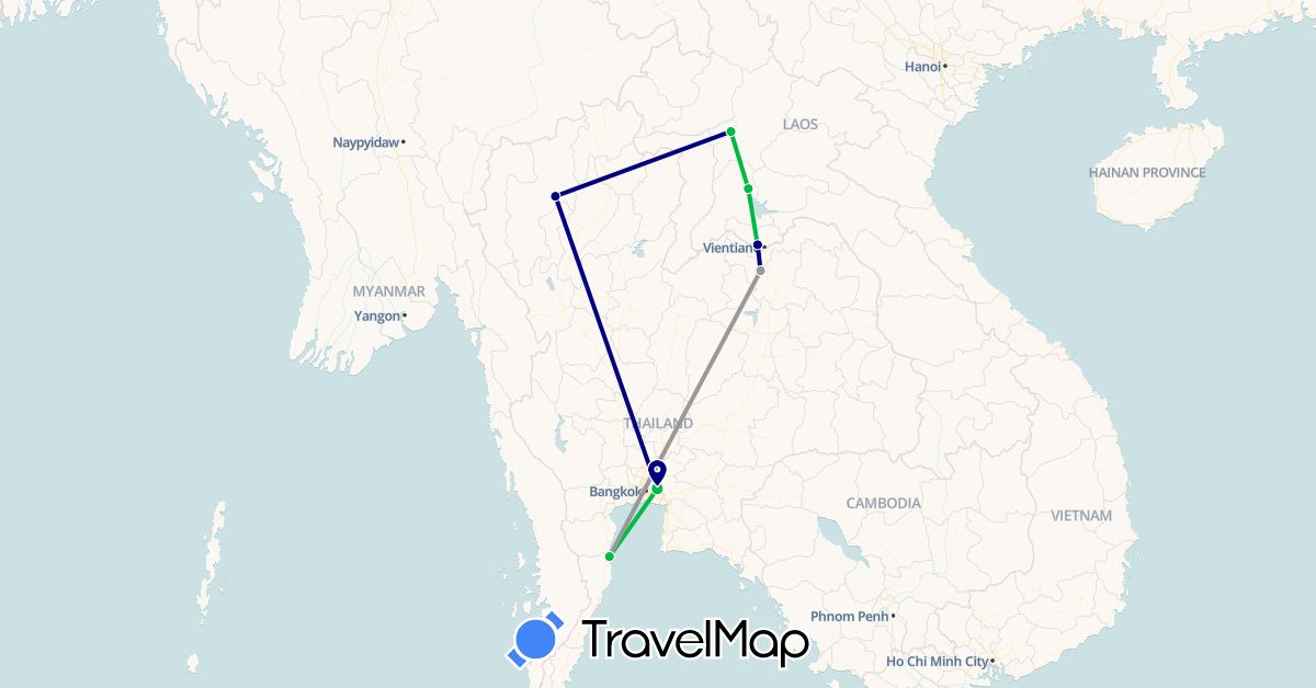 TravelMap itinerary: driving, bus, plane in Laos, Thailand (Asia)